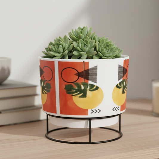 Printed Metal Planter with Circular Black Stand