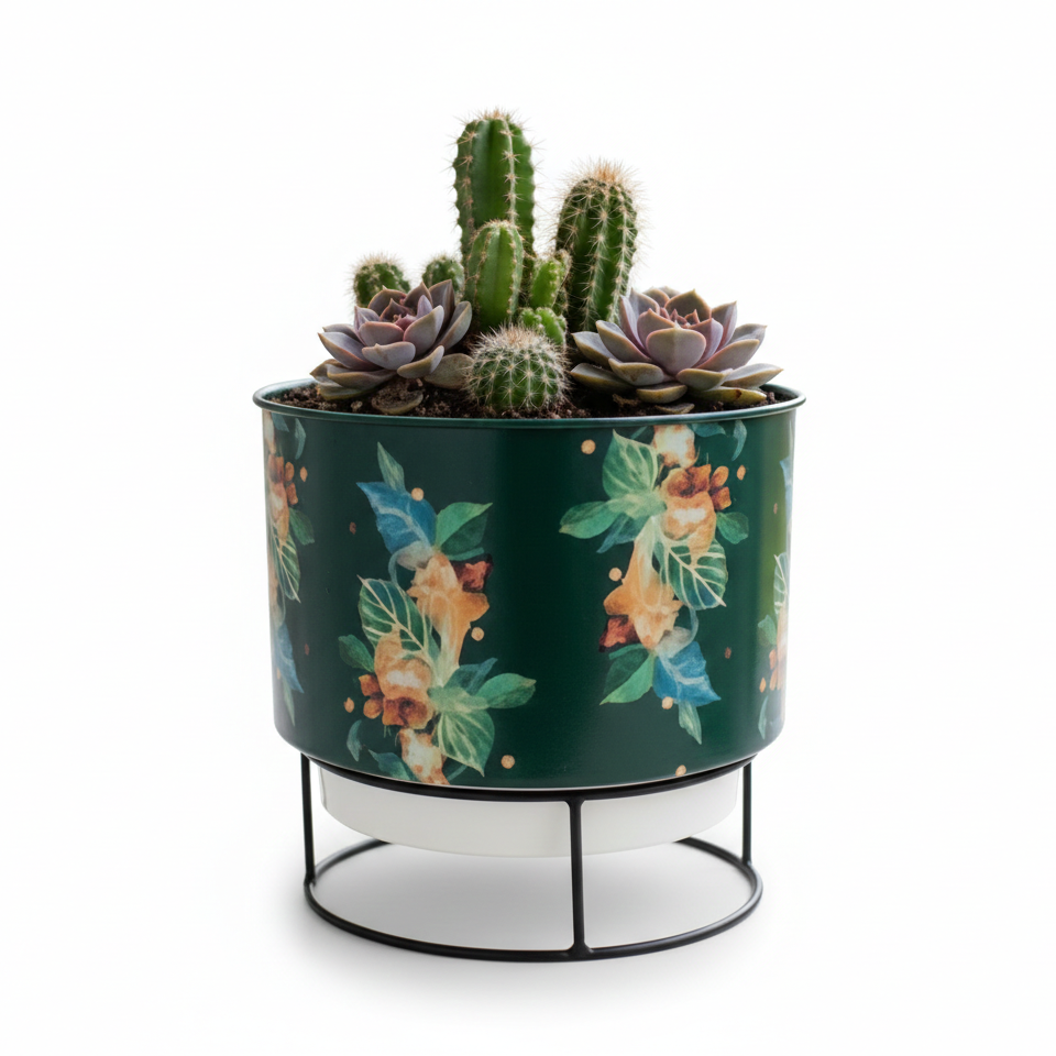 Printed Metal Planter with Circular Black Stand