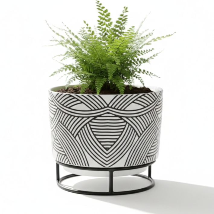 Printed Metal Planter with Circular Black Stand