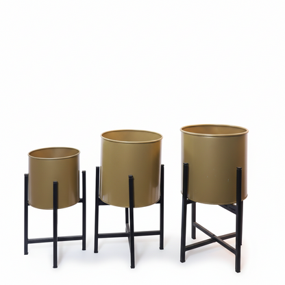 Set of 3 Modern Gold Cylinder Planters on Tiered Metal Stands