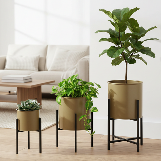 Set of 3 Modern Cylinder Planters on Tiered Metal Stands