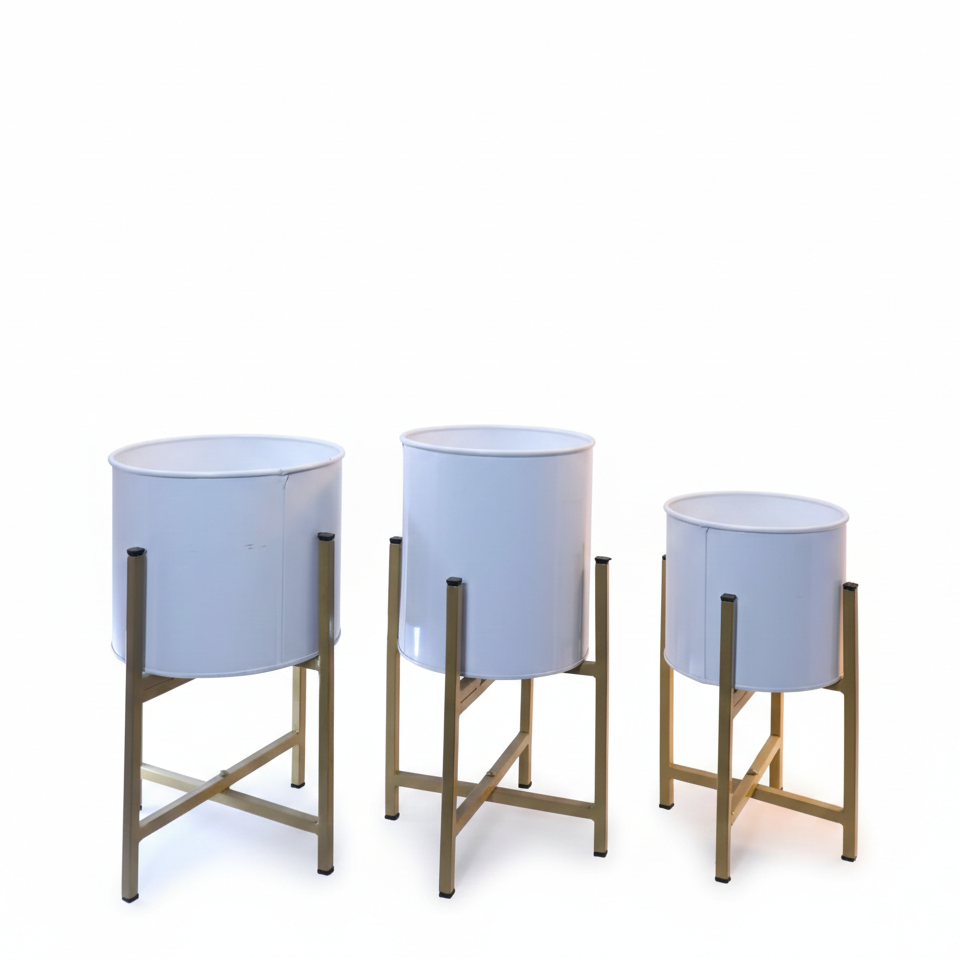 Set of 3 Modern Gold Cylinder Planters on Tiered Metal Stands