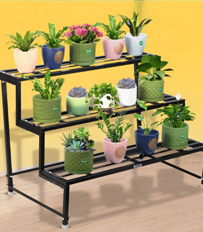 Black 3-Tier Iron Plant Stand – Space-Saving Display Shelf