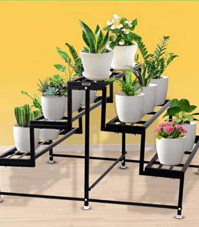 3-Sided Tiered Metal Plant Stand – Black Multi-Display Rack