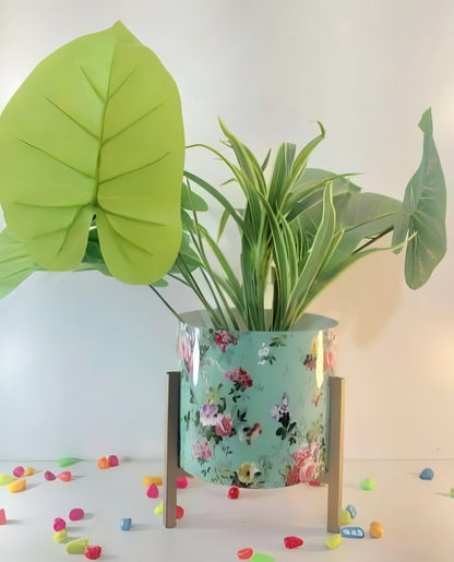 Printed Metal Pot with Wooden Stand – Multicolor Variants