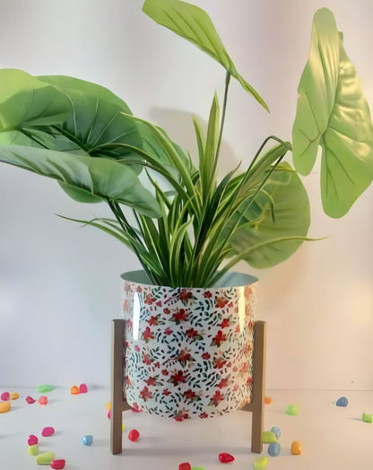 Printed Metal Pot with Wooden Stand – Multicolor Variants