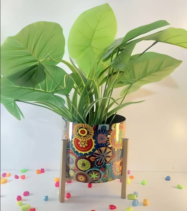 Printed Metal Pot with Wooden Stand – Multicolor Variants