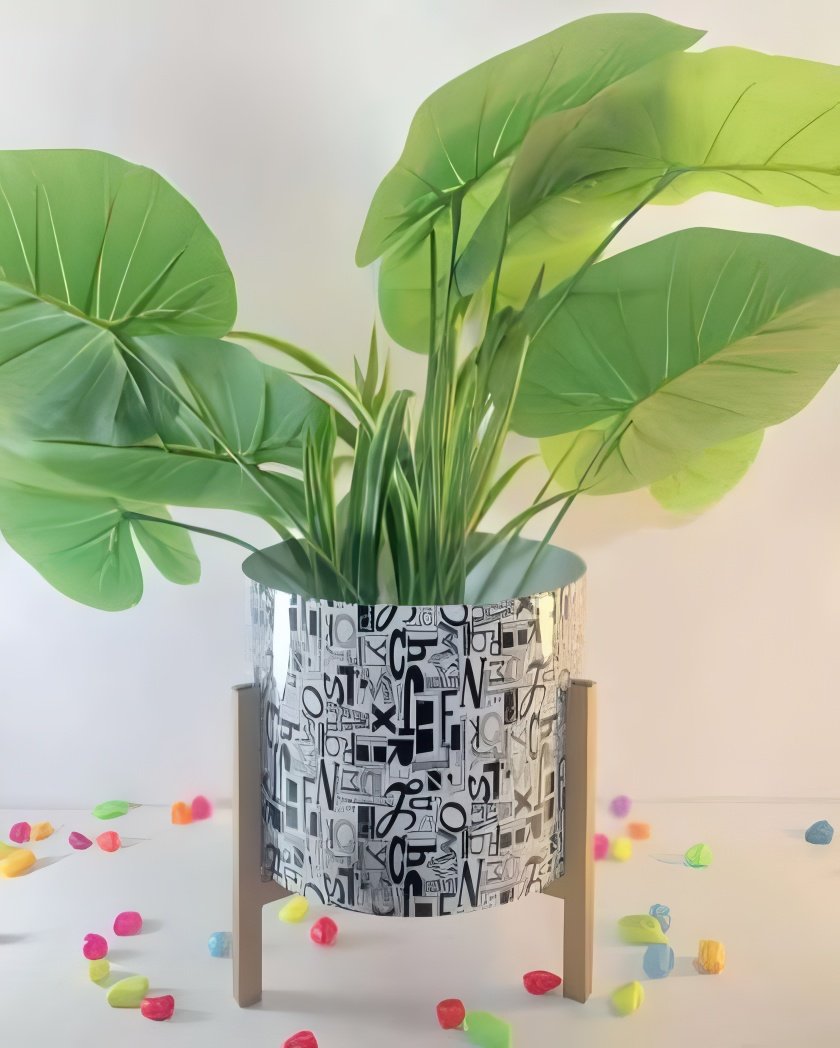 Printed Metal Pot with Wooden Stand – Multicolor Variants