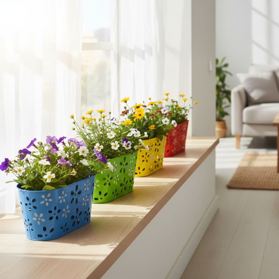 Colorful flower pots with flowers on a wooden surface in a bright room.