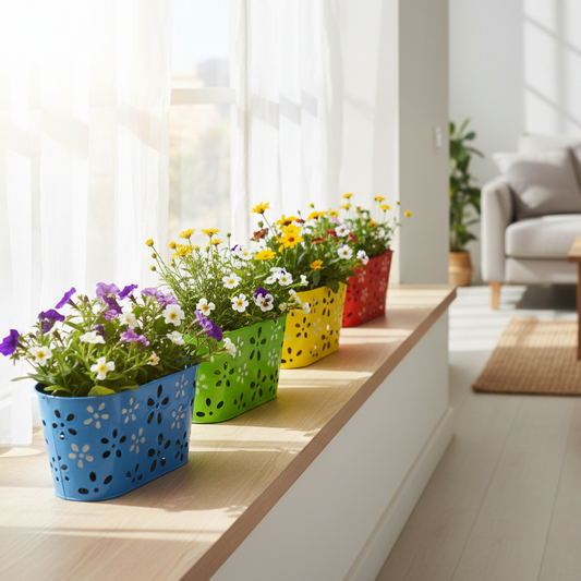 Colorful flower pots with flowers on a wooden surface in a bright room.