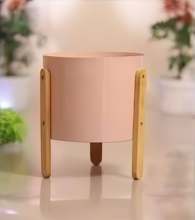 Round Planter with Wooden Stand