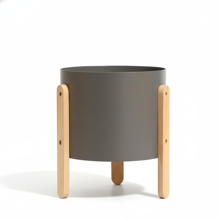 Gray planter with wooden legs on a white background