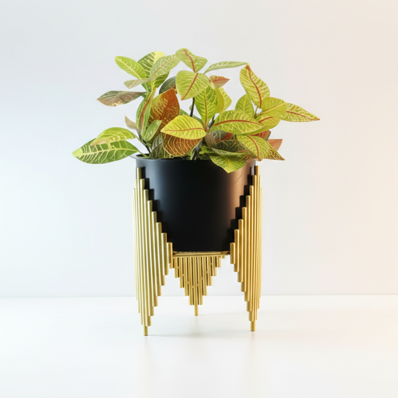 Modern black planter with gold geometric design on a white background