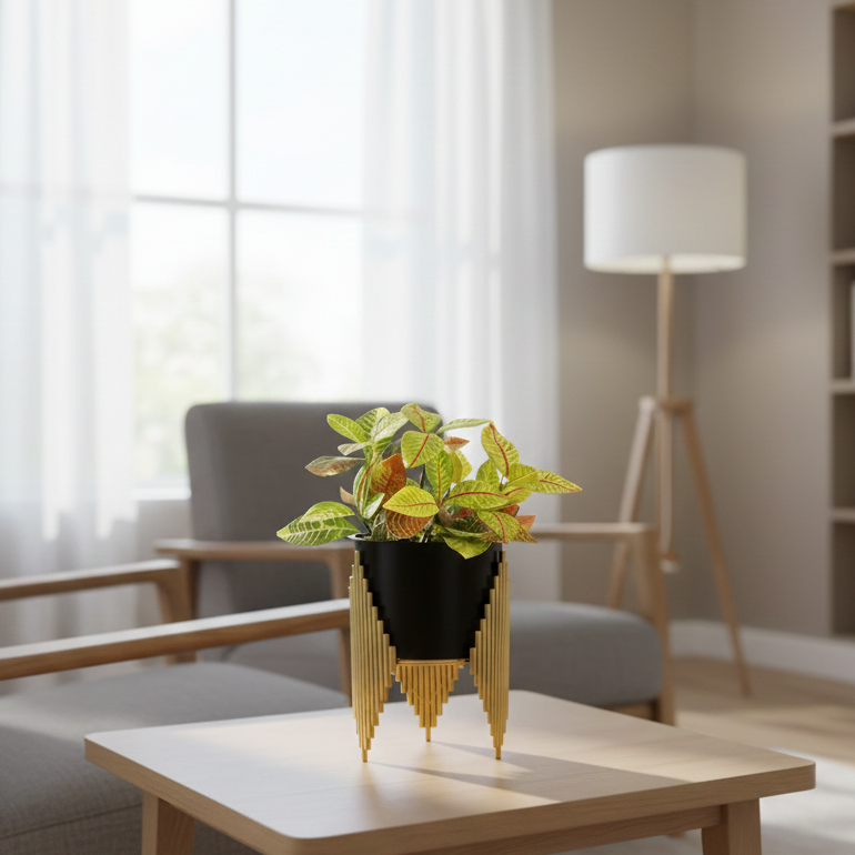 Decorative plant pot with a plant on a coffee table in a living room setting.