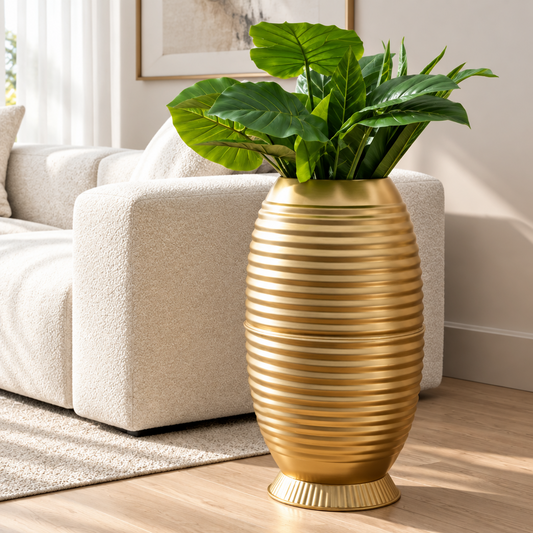 Cylindrical Metallic Ribbed Planter 21 Inch