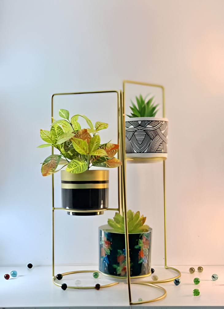 3-Tier Geometric Planter Stand with Gold Frame