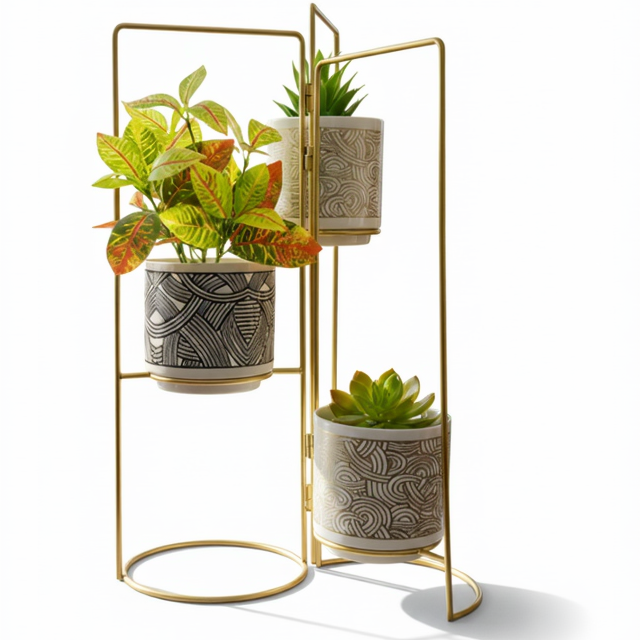Gold plant stand with ceramic pots containing plants on a white background