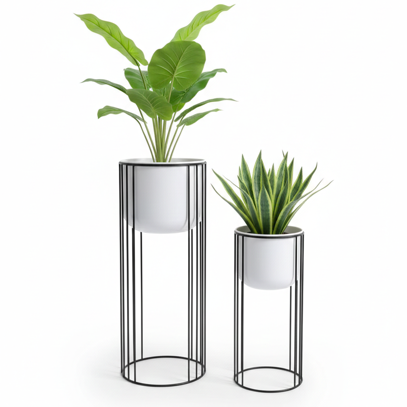 Modern Tiered Plant Stands with Cylindrical Planters Set of 2
