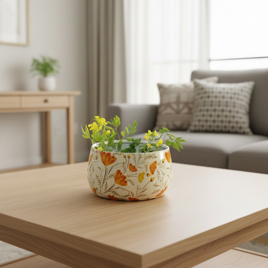 Decorative planter with flowers on a wooden table in a living room.