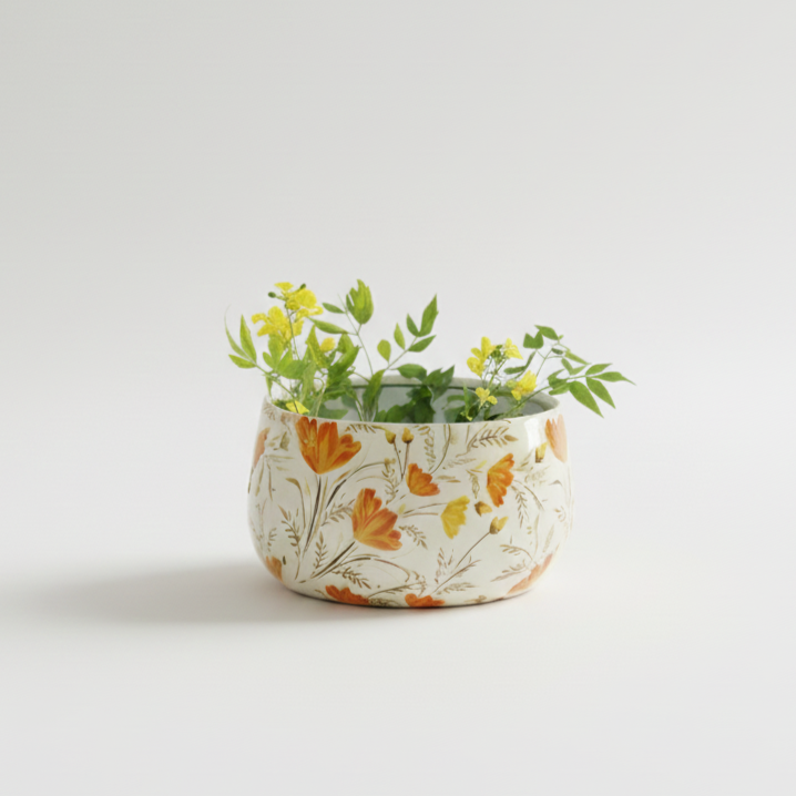 Decorative pot with floral design and plants on a light background
