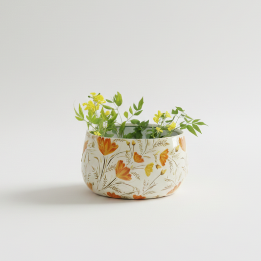 Decorative pot with floral design and plants on a light background