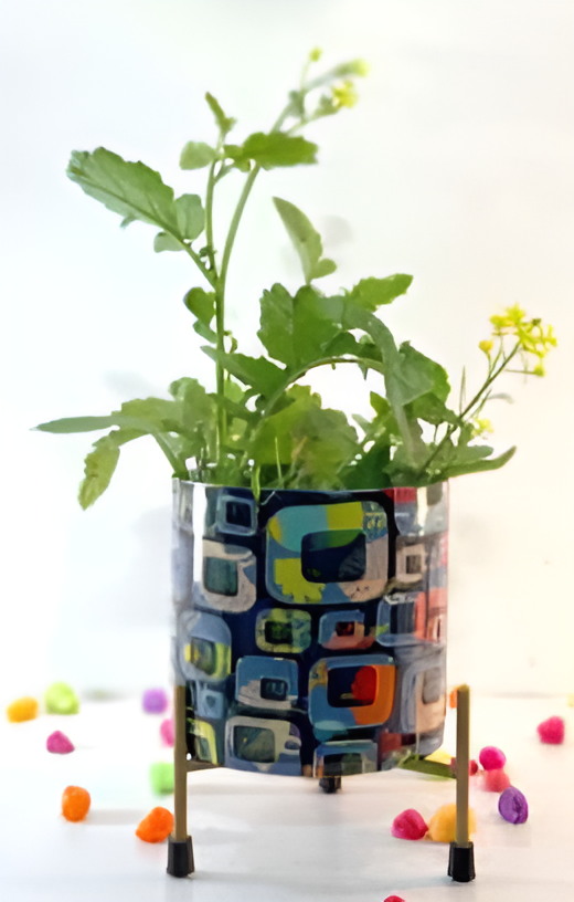 Decorative Printed Metal Planter with Stand