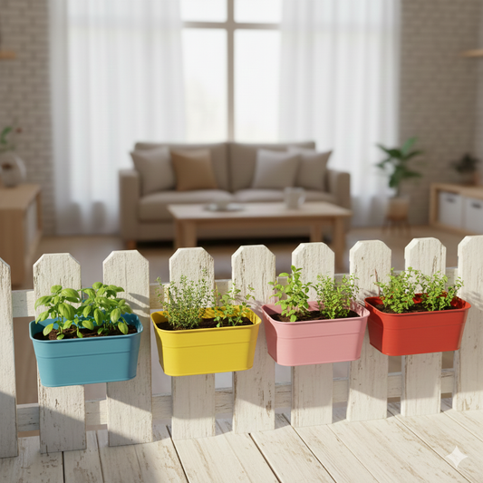 Colorful planters with plants on a wooden deck