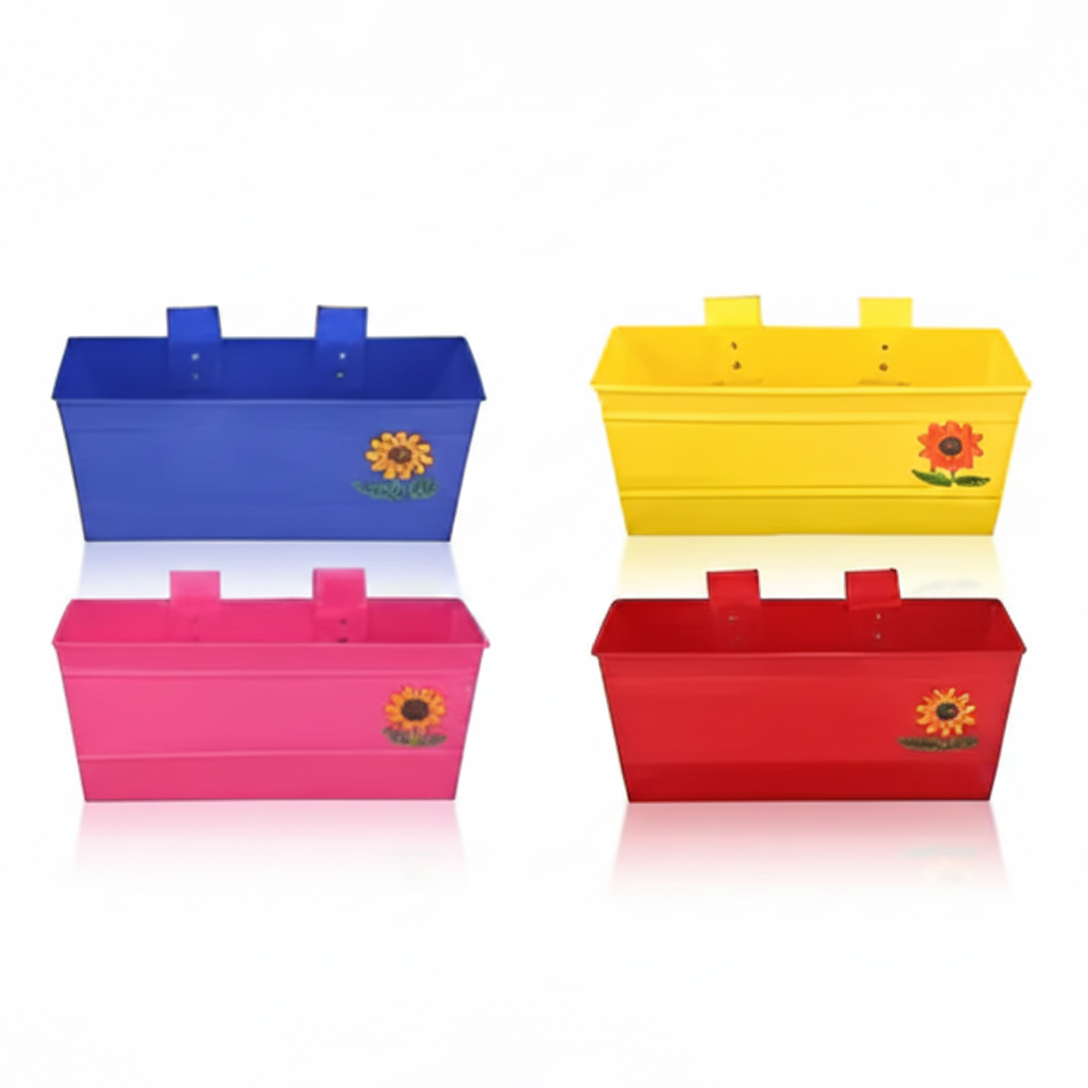 Four colorful metal planters (blue, yellow, pink, red) with sunflower design on a white background.