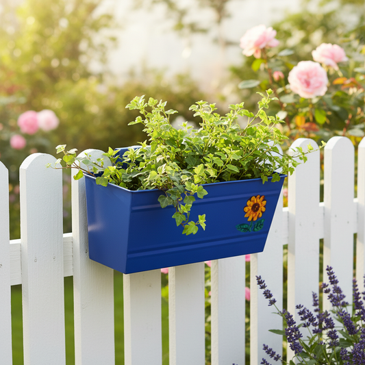 Four colorful metal planters with sunflower design on a white background