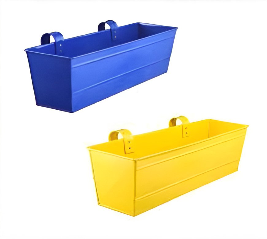 Two rectangular metal planters, one blue and one yellow, on a white background.