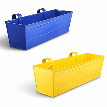 Blue and yellow metal planters on a white background