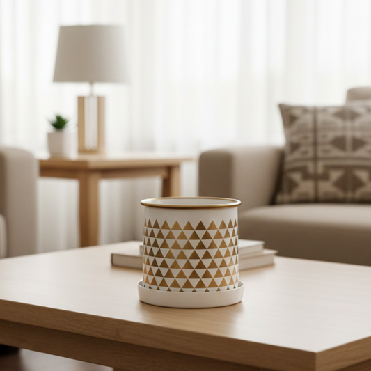 Decorative pot with geometric pattern on a wooden table in a living room setting