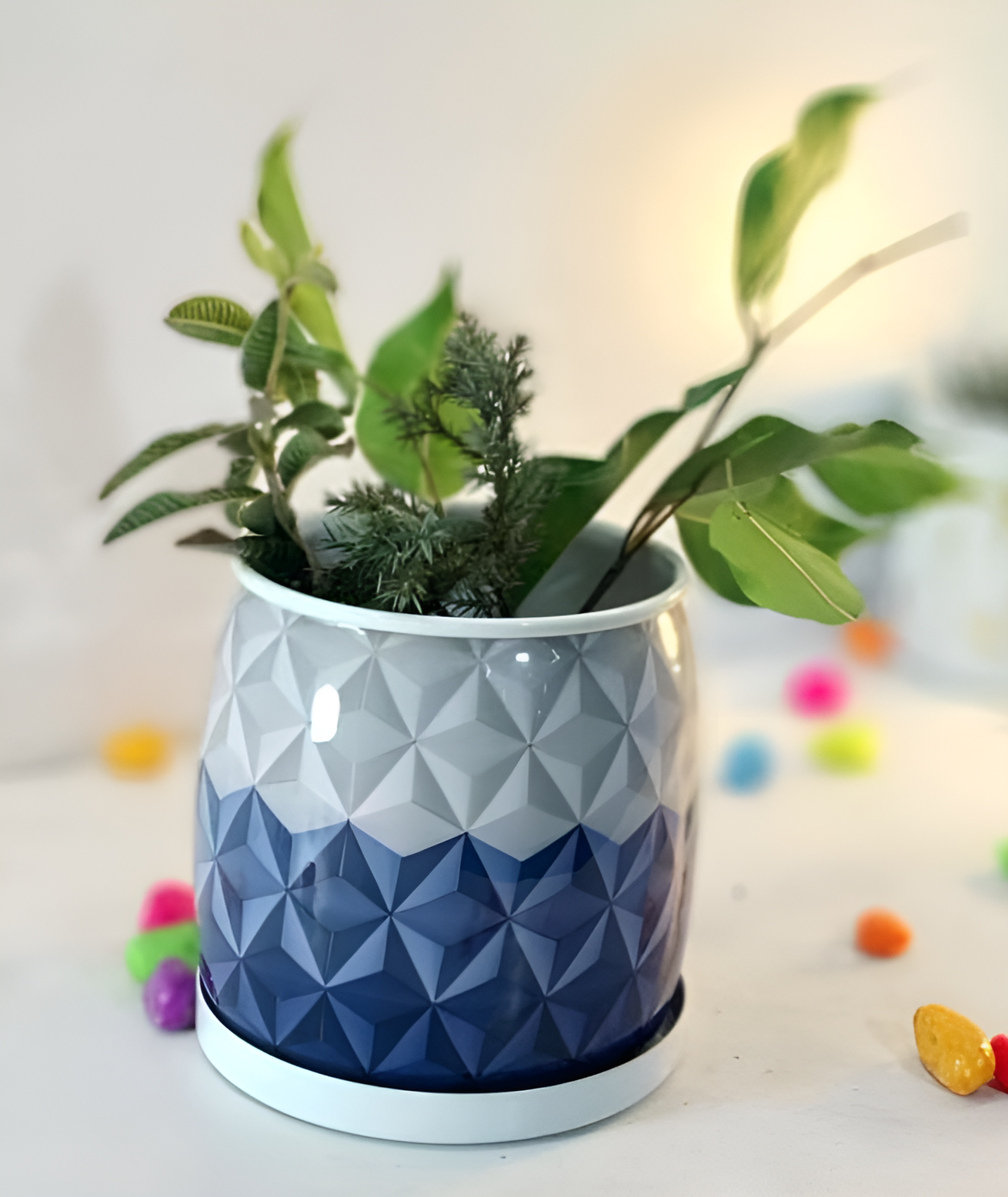 Assorted Marble-Effect Printed Metal Planters with Base Plate