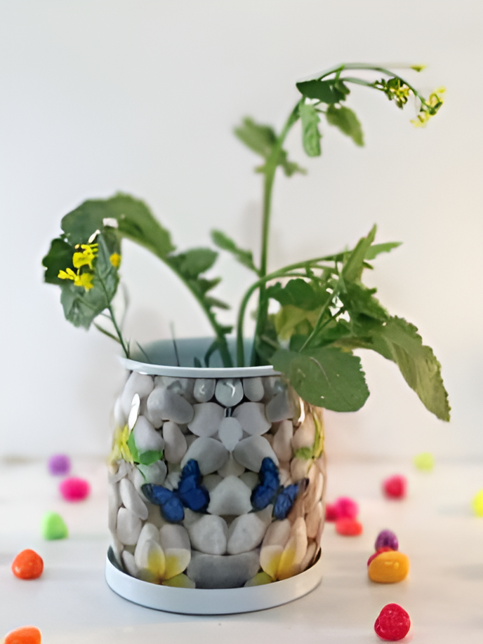 Assorted Marble-Effect Printed Metal Planters with Base Plate