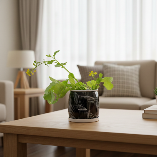 Potted plant on a wooden table in a living room setting