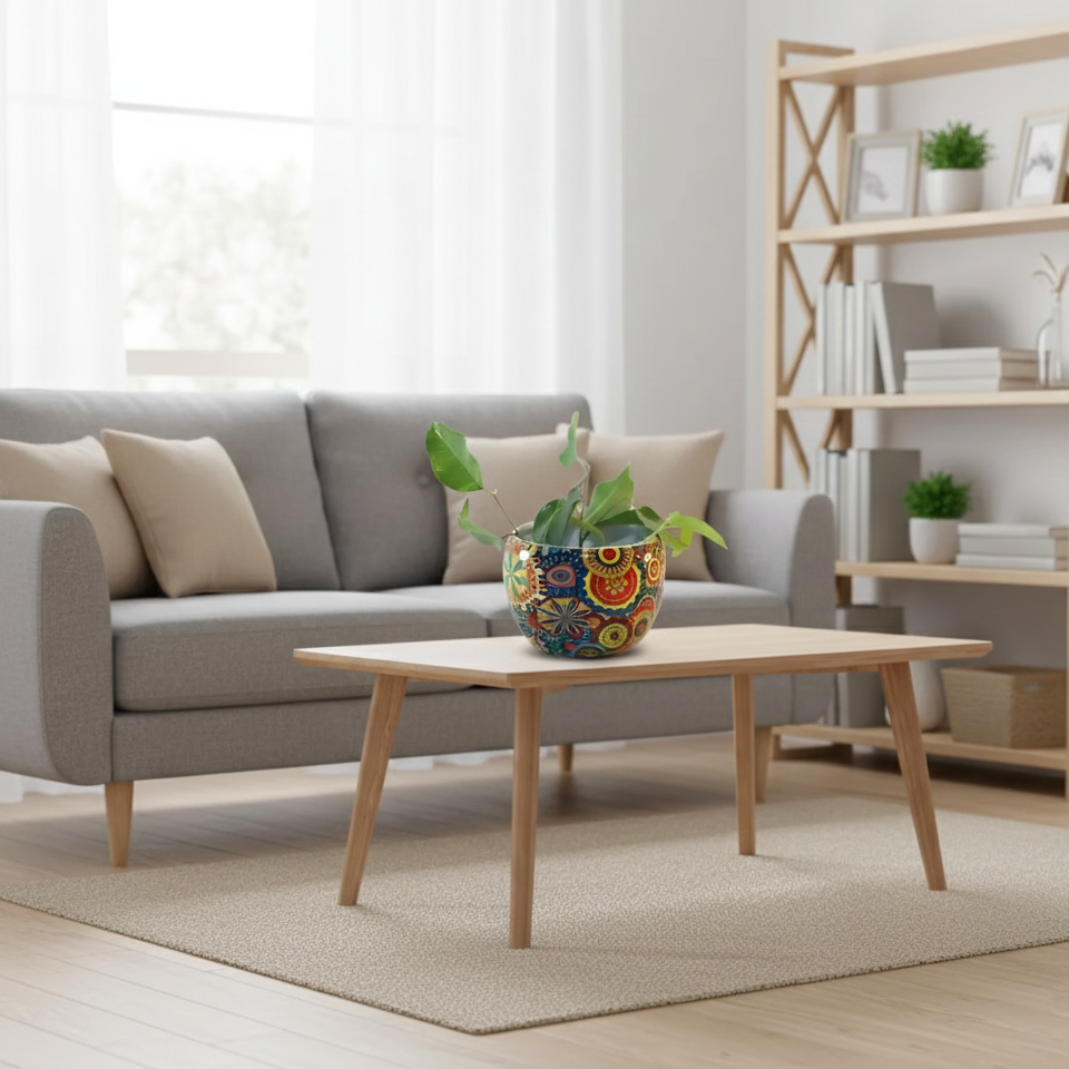 Modern living room with a gray sofa, wooden coffee table, and decorative items.