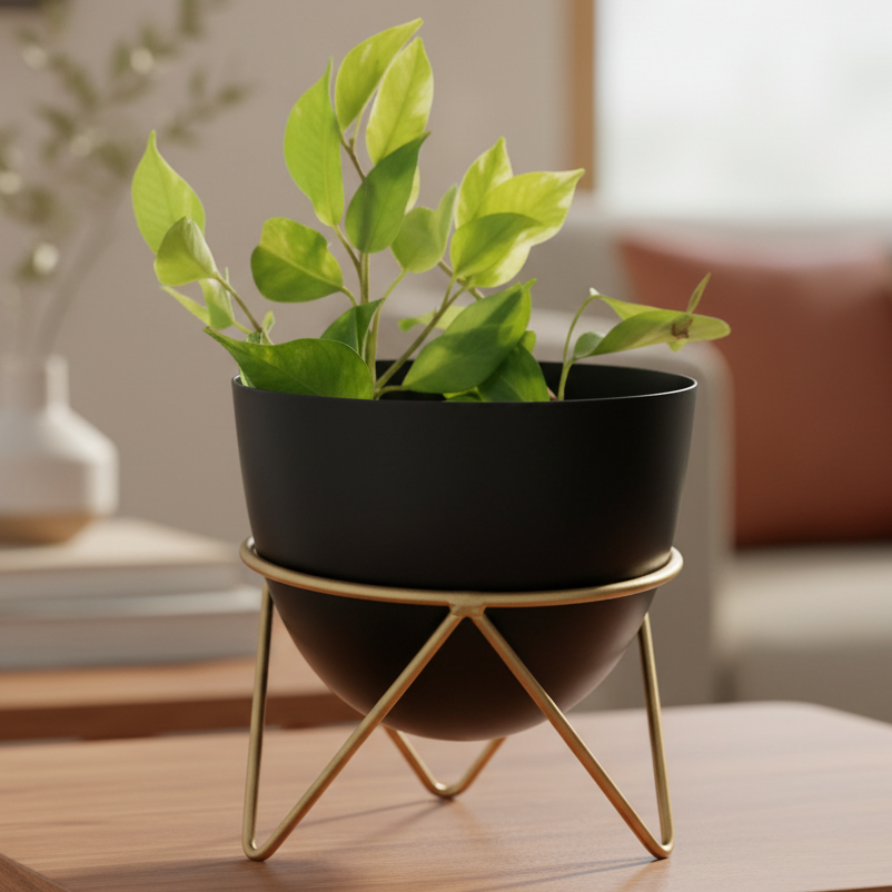 Black planter with green plant on a gold stand against a white background