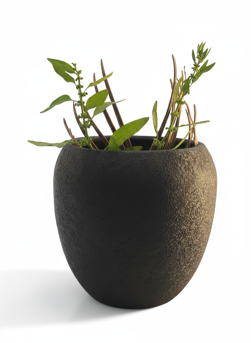 Textured black planter with green plants on a white background