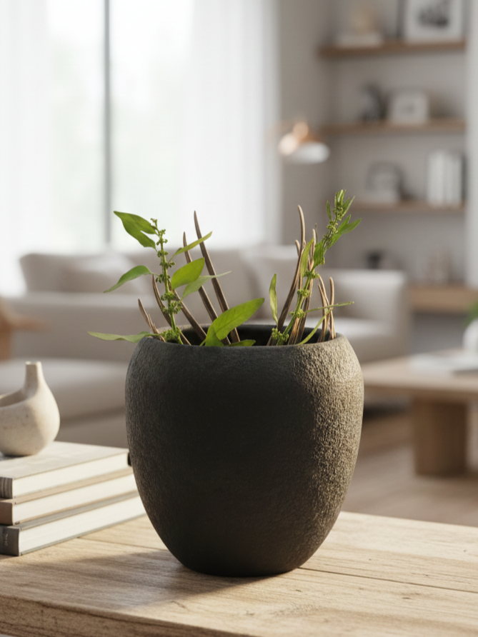 Decorative plant pot on a wooden surface with a blurred living room background