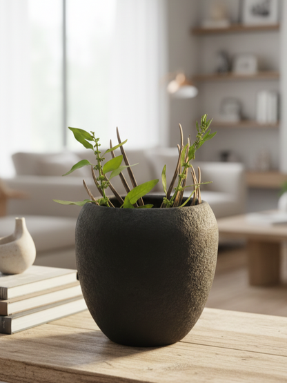 Decorative plant pot on a wooden surface with a blurred living room background