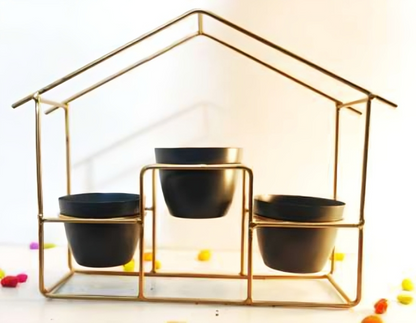 Large House Planter Stand with 3 Pots – Gold Frame