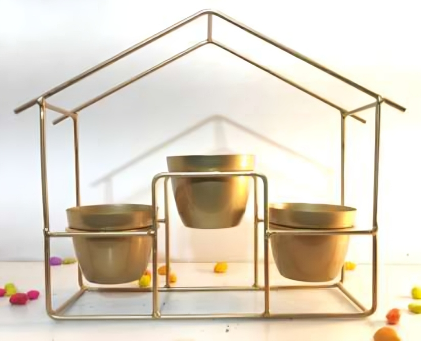 Large House Planter Stand with 3 Pots – Gold Frame