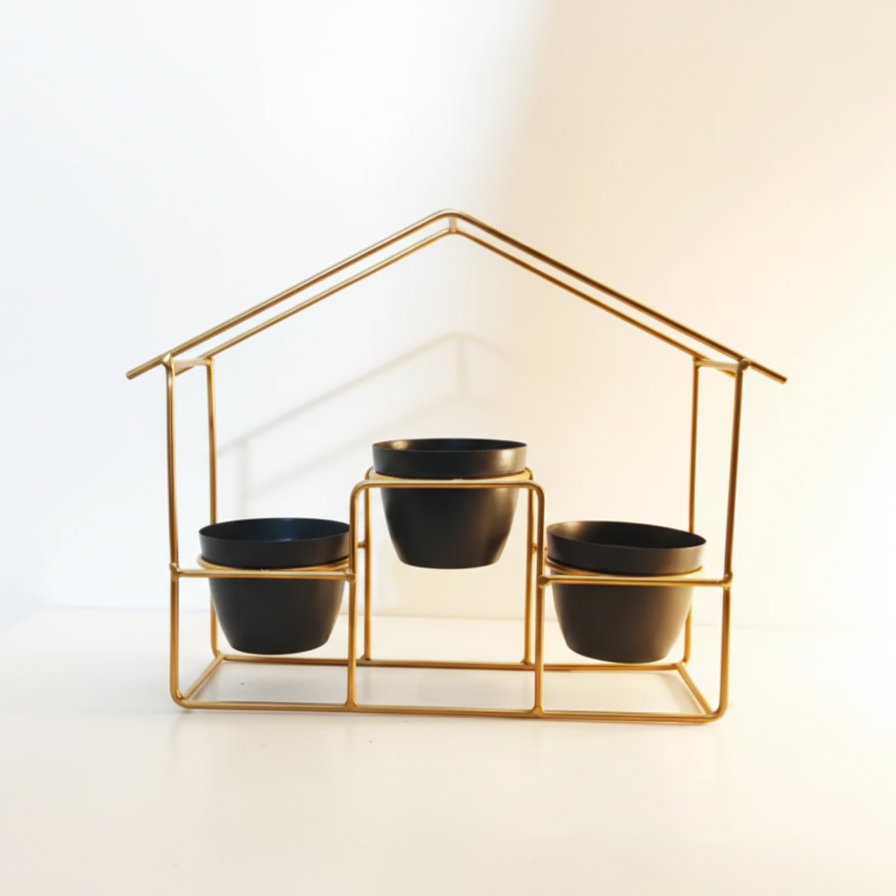 Large House Planter Stand with 3 Pots – Gold Frame