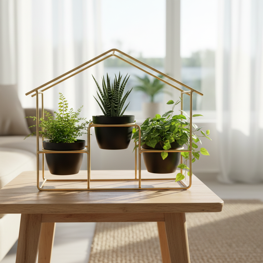 Large House Planter Stand with 3 Pots – Gold Frame