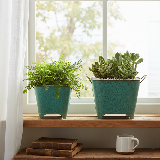 Two potted plants on a windowsill with a cup and books below.