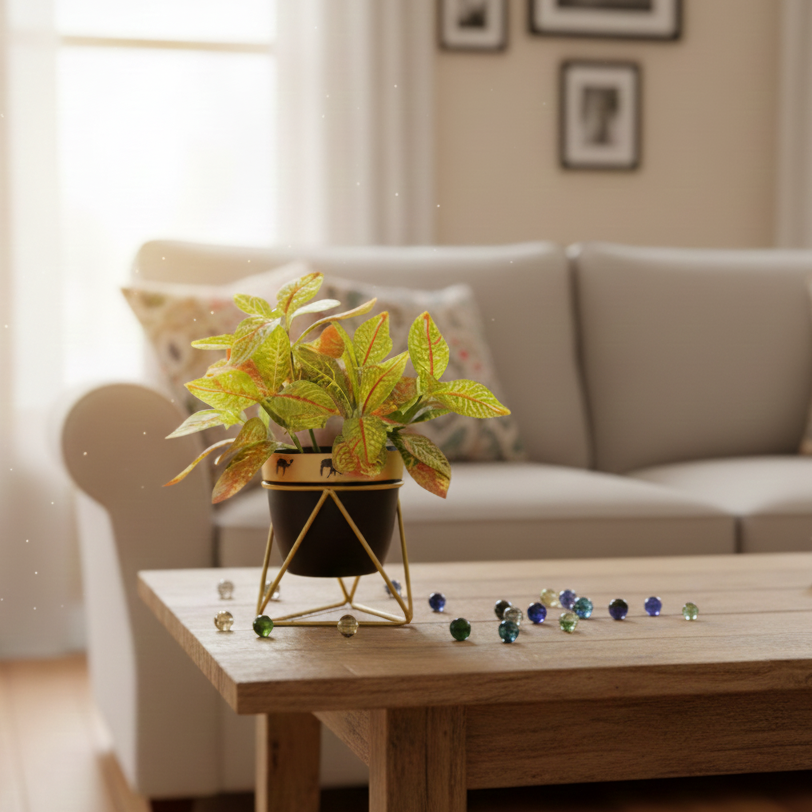 Potted plant on a wooden coffee table in a living room setting