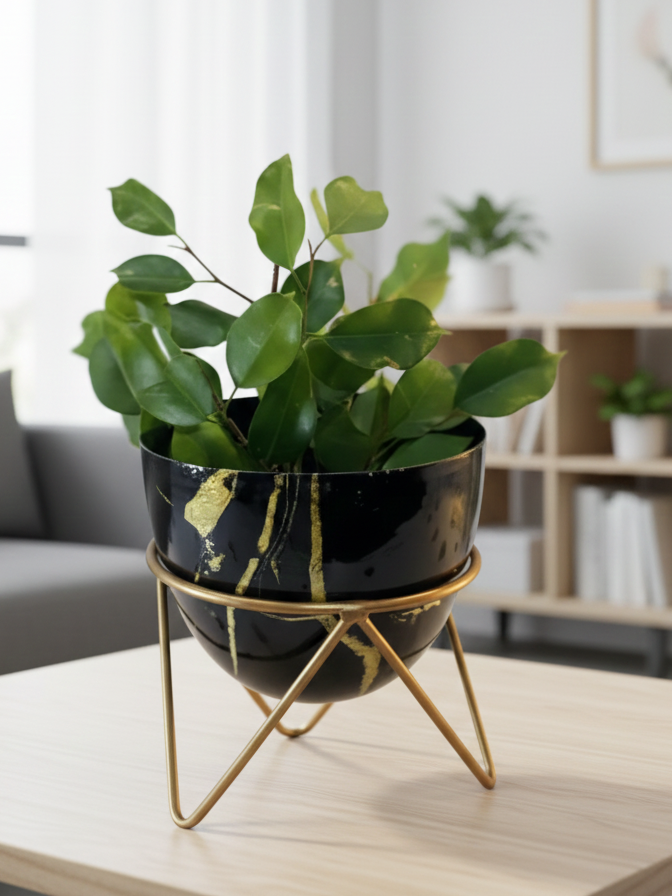 Round Metal Planter with Triangular Stand – Medium Size