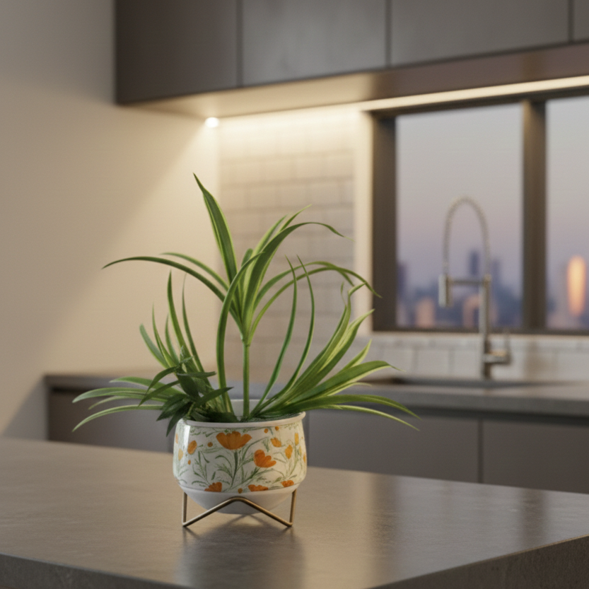 Potted plant on a kitchen counter with a blurred background