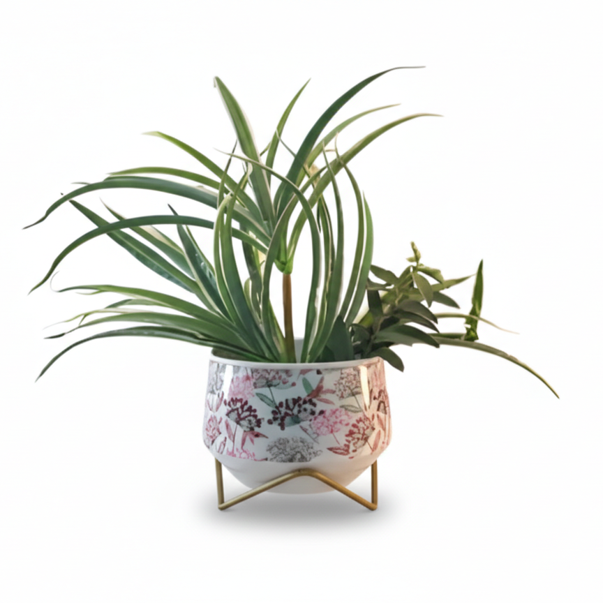 Wide Printed Metal Planter with Gold Cross Stand