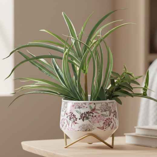 Wide Printed Metal Planter with Gold Cross Stand